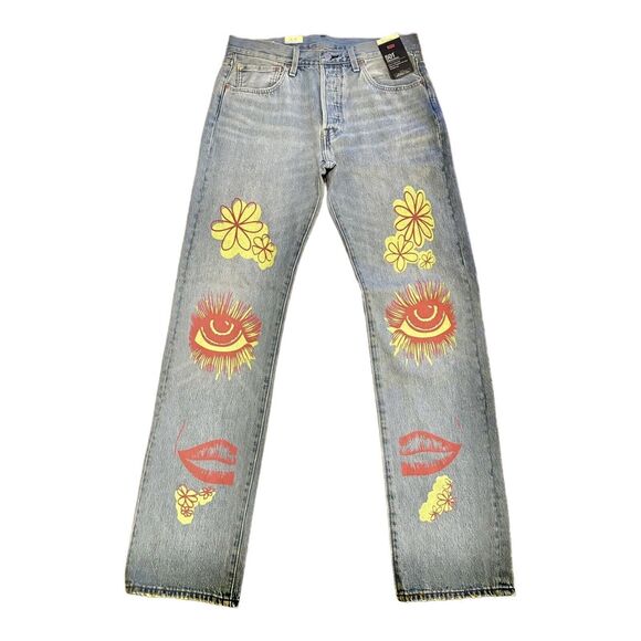 LEVIS Jeans Mens 33x34 Premium 501 Original Festival Sun Floral Denim Artsy Eye - Picture 1 of 15